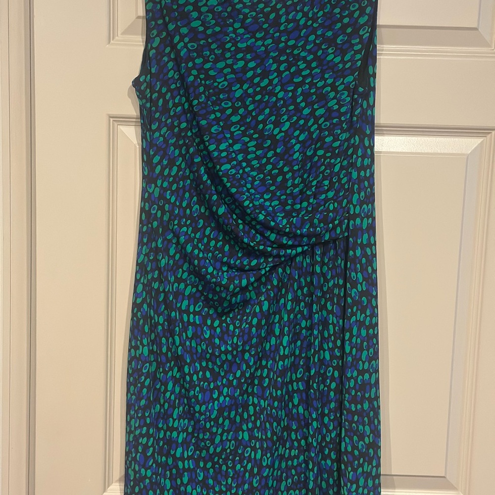 Anne Klein Elegant Blue, Green, Black Patterned Ruched Dress (Worn Once)